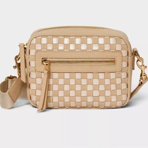 Beige Woven Crossbody Bag with Gold Hardware